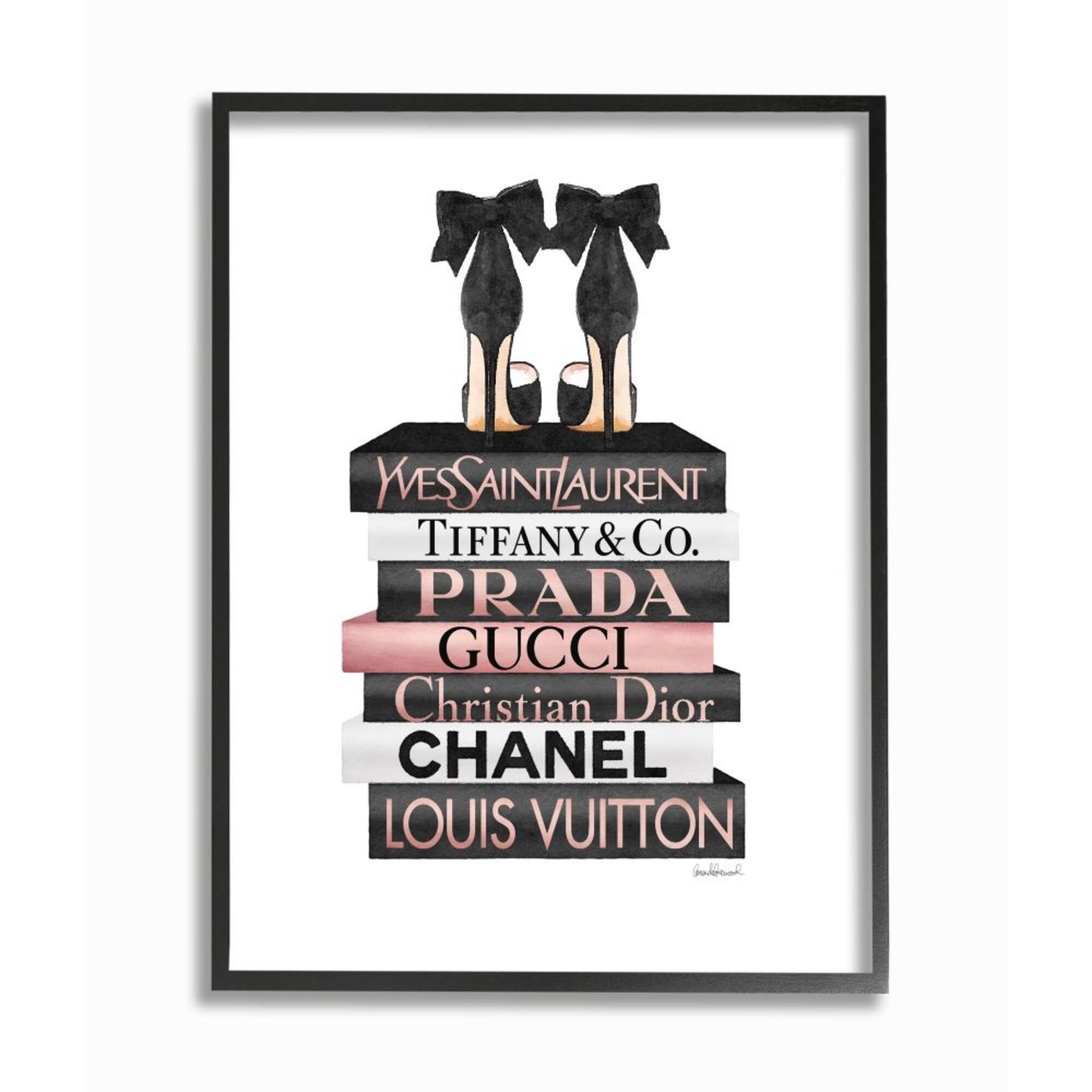 Stupell Industries Elegant Black Bow Heals on Glam Designer Bookstack Framed Wall Art